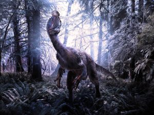 An illustration of a feathered theropod dinosaur with a crest on its head stands in a Jurassic forest in Antarctica.