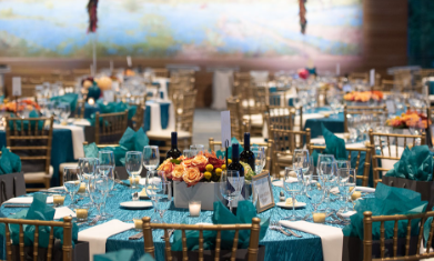 Blue event tables and decorations