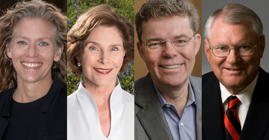 Headshots of Joni Carswell, Laura Bush, Steve Hennigan, and David Schmidly