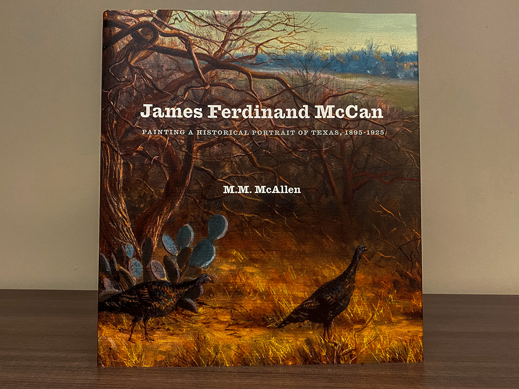 Photograph of catalog James Ferdinand McCan by M.M. McAllen. Cover features painting of Turkey in the Brush, 1900. Oil on canvas.