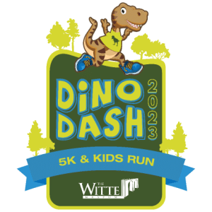dinosaur wearing sneakers with "dino dash" written beneath it