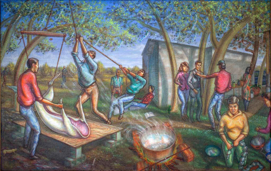 Painting of people preparing for a feast. 3 men hoist an animal near a fire, 2 women kneel to prepare other food over pots on the ground. In the background, groups of 2 and 3 people talk. The sky is blue and green trees overhead.
