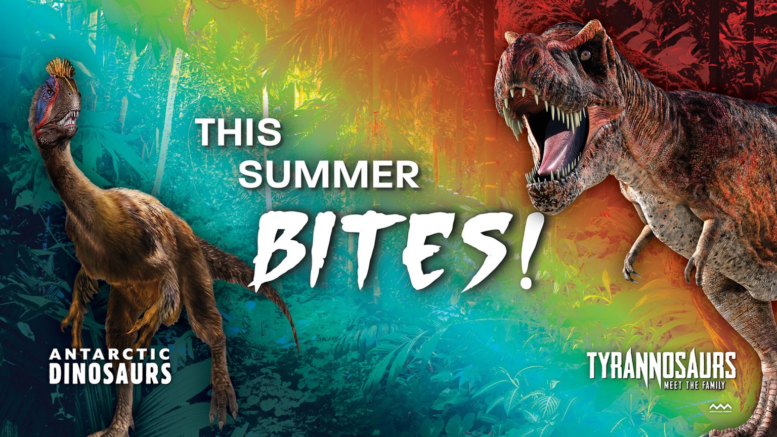 Cryolophosaurus and t. rex facing each other with text reading "this summer bites!"