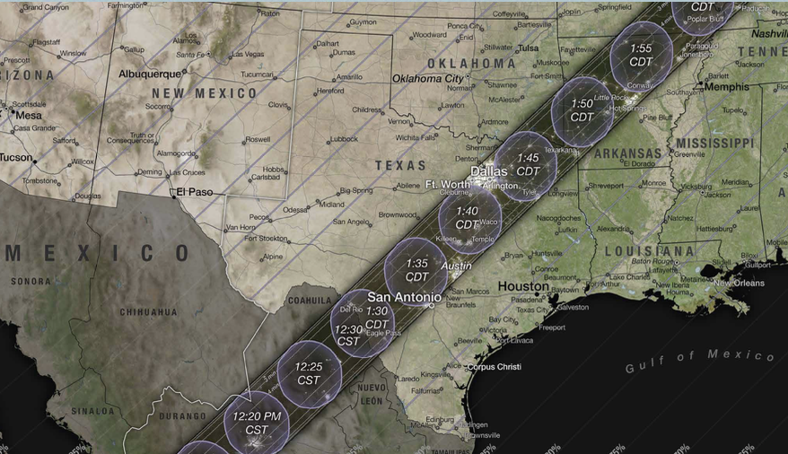 map showing path of total eclipse across Texas