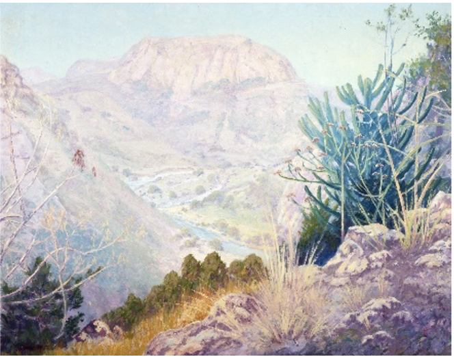 Painting of Chisos basin, including mountains and vegetation.