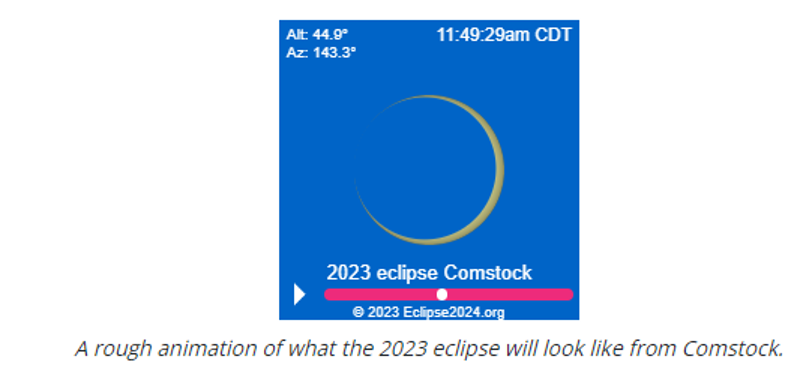 An estimation of what the 2023 eclipse will look like from Comstock, TX.
